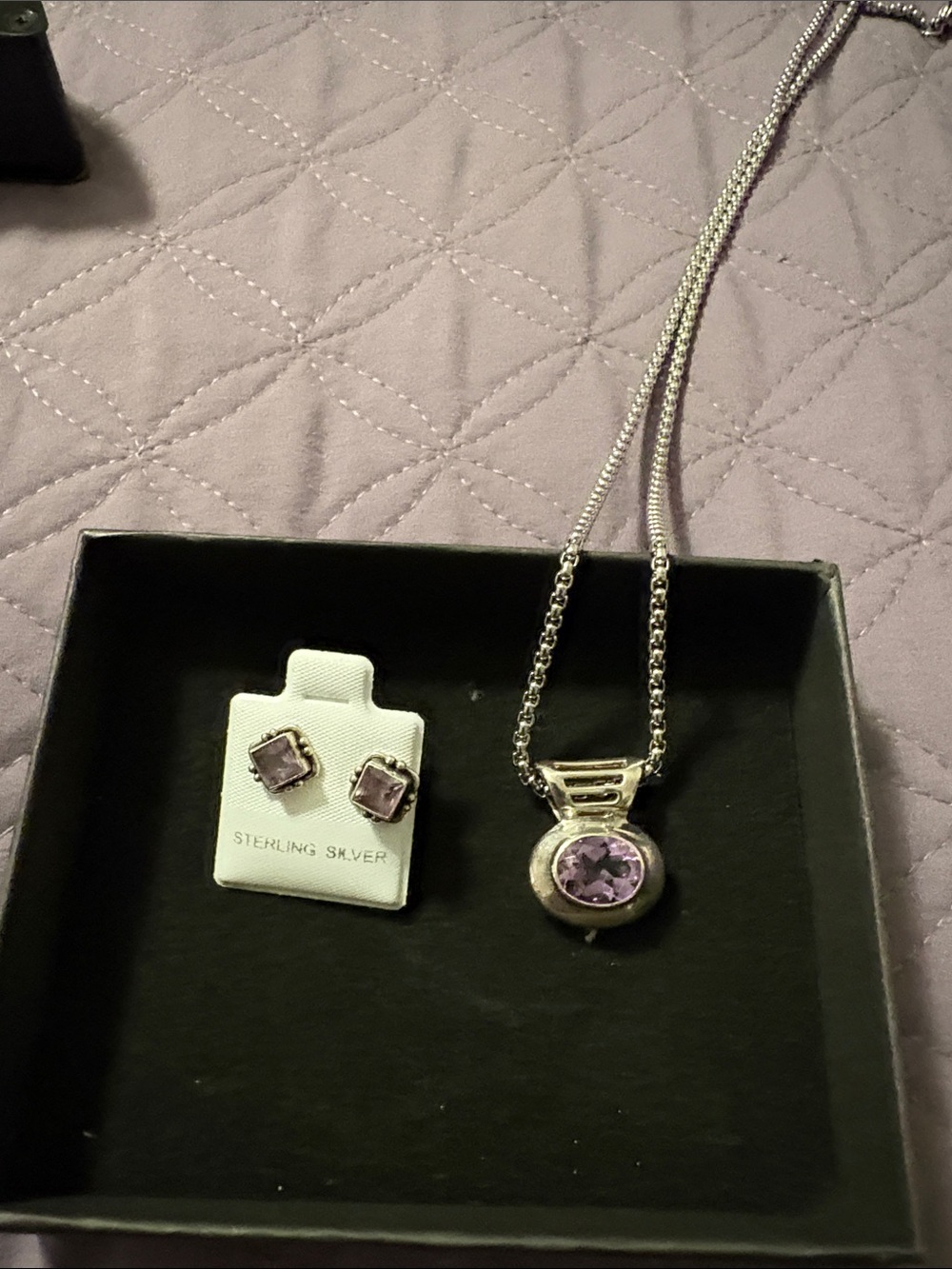 Sterling Silver Purple Gemstone Pendant Necklace and Stud Earrings Set